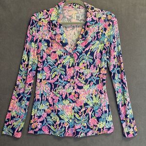 Lilly Pulitzer Button Up Top Oyster Bay Seen And Herd Size‎ XS Blue Pink Soft